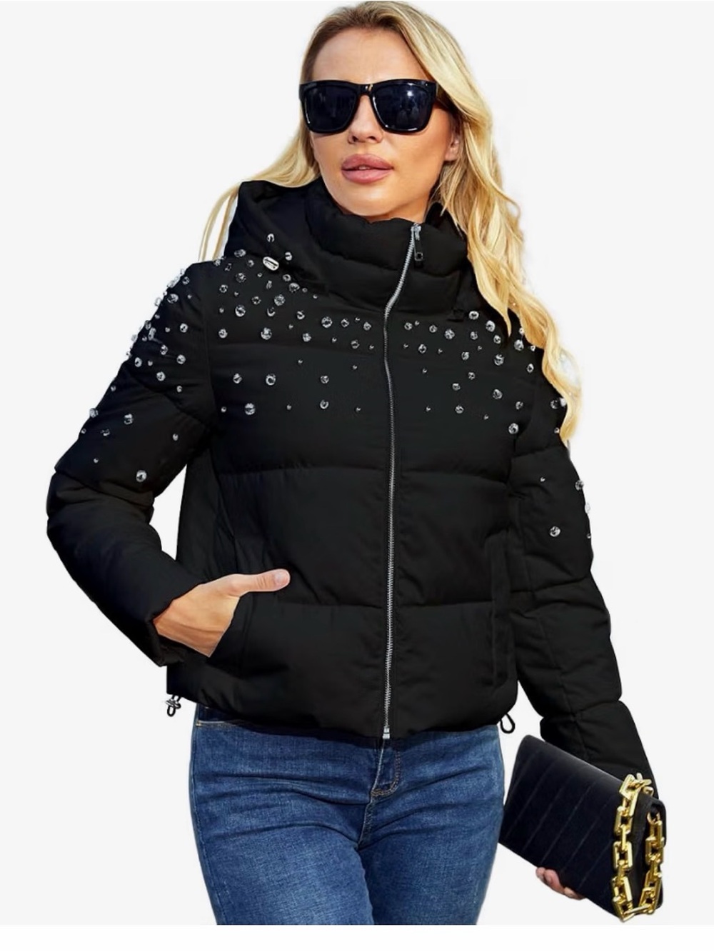 Women's Black Puffer Jacket with Embellished Accents